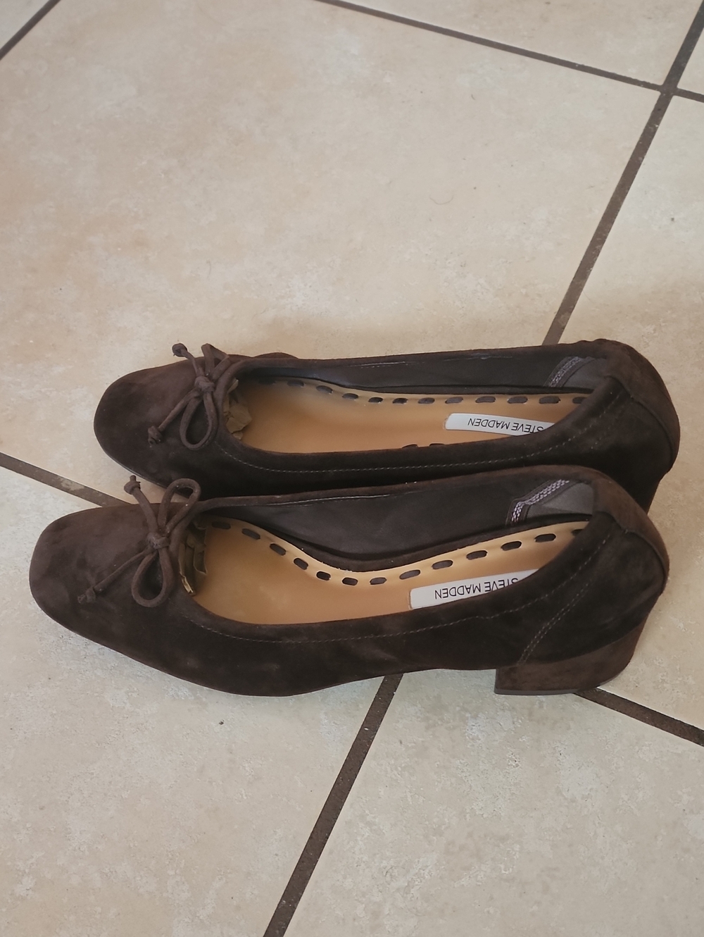 Steve Madden Chocolate Brown Suede Bow Ballet Flats-Block Heel